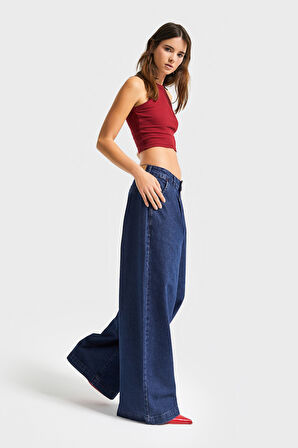 Kadın Koyu Mavi Renk 1w5-149 Palazzo Fit %100 Koton Özel Dökümlü Kumaş Denim Jean