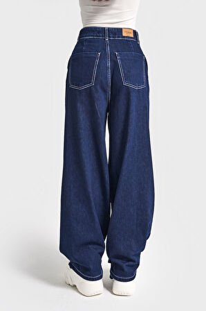 Kadın İndigo Renk 8w5-7 Yüksek Bel Wide Leg Bol Kesim Paça Detaylı Tasarım Denim Jean