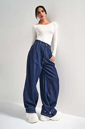 Kadın İndigo Renk 8w5-7 Yüksek Bel Wide Leg Bol Kesim Paça Detaylı Tasarım Denim Jean