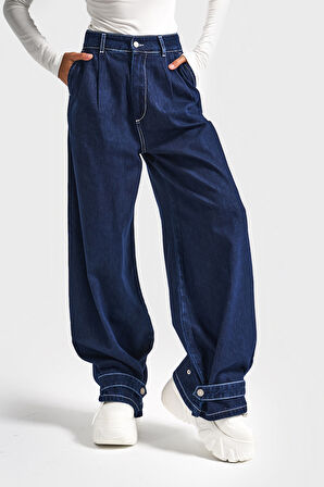Kadın İndigo Renk 8w5-7 Yüksek Bel Wide Leg Bol Kesim Paça Detaylı Tasarım Denim Jean