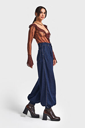 Kadın İndigo Renk 7w5-50 Wide Leg Baggy Fit Paça Detaylı Bol Kesim Tasarım Denim Jean