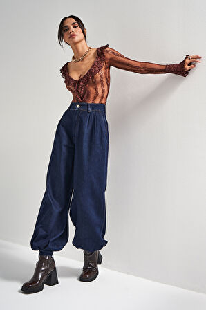 Kadın İndigo Renk 7w5-50 Wide Leg Baggy Fit Paça Detaylı Bol Kesim Tasarım Denim Jean