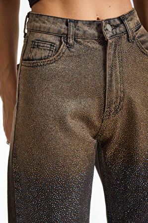 Kadın Koyu Taş Rengi T-21w5-50 Straight Fit Çift Renk Parlak Taş Detaylı Özel Tasarım Denim Jean