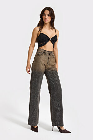 Kadın Koyu Taş Rengi T-21w5-50 Straight Fit Çift Renk Parlak Taş Detaylı Özel Tasarım Denim Jean