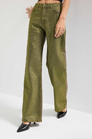 Kadın Yeşil T-3w5-141 Straight Fit Ful Parlak Taşlı Özel Tasarım Denim Jean