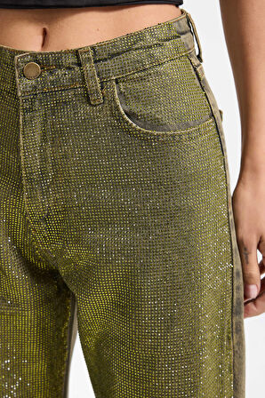 Kadın Yeşil T-3w5-141 Straight Fit Ful Parlak Taşlı Özel Tasarım Denim Jean