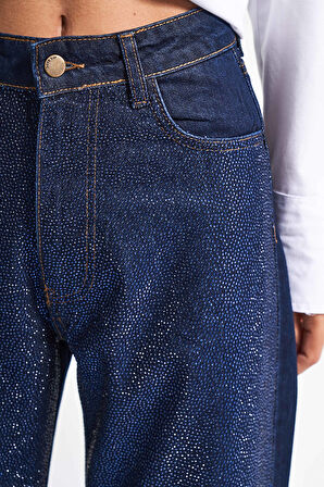 Kadın Koyu Mavi Renk T-7w5-50 Straight Fit Yüksek Bel Viskon Koton Kumaş Parlak Taşlı Tasarım Denim Jean