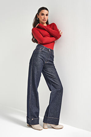 Kadın İndigo Renk 7w5-50 Straight Fit Yüksek Bel Paça Detaylı Özel Tasarım Denim Jean