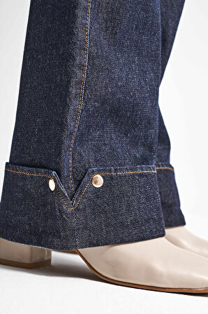 Kadın İndigo Renk 7w5-50 Straight Fit Yüksek Bel Paça Detaylı Özel Tasarım Denim Jean