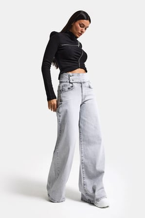 Kadın Gri Renk 4s6-12 Palazzo Fit Kemer Detaylı Elastan Kumaş Denim Jean