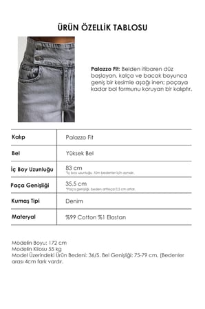 Kadın Gri Renk 4s6-12 Palazzo Fit Kemer Detaylı Elastan Kumaş Denim Jean