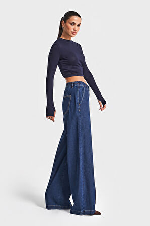 Kadın İndigo Renk 2w5-7 Süper Palazzo Fit Dökümlü Kumaş Denim Jean