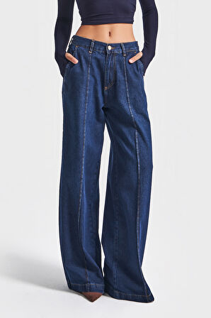 Kadın İndigo Renk 2w5-7 Süper Palazzo Fit Dökümlü Kumaş Denim Jean