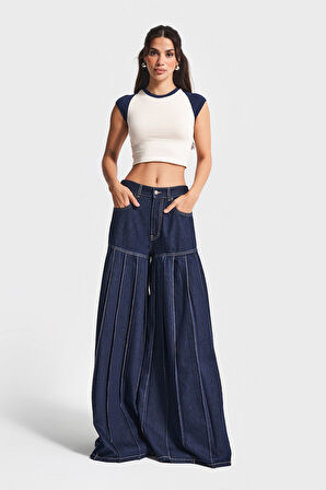 Kadın İndigo Renk 7w5-50 Elephant Leg Fit Süper Bol Kesim Viskon Kumaş Tasarım Denim Jean