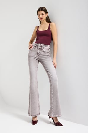 Kadın Taş Rengi 4s6-158 Flare Fit Esnek Kumaş Düşük Bel Denim Jean