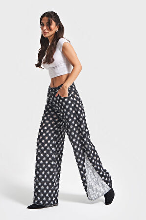 Kadın Antrasit Beyaz Renk 7w5-51 Palazzo Fit Dantel Detaylı Özel Kumaş Tasarım Denim Jean