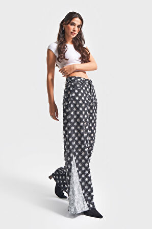 Kadın Antrasit Beyaz Renk 7w5-51 Palazzo Fit Dantel Detaylı Özel Kumaş Tasarım Denim Jean