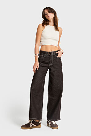 Kadın Acı Kahve Renk 7w5-16 Culotte Wide Leg Fit Kemerli Denim Jean
