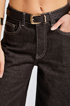 Kadın Acı Kahve Renk 7w5-16 Culotte Wide Leg Fit Kemerli Denim Jean