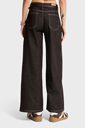 Kadın Acı Kahve Renk 7w5-16 Culotte Wide Leg Fit Kemerli Denim Jean