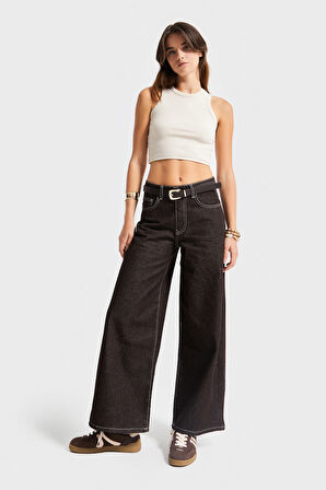Kadın Acı Kahve Renk 7w5-16 Culotte Wide Leg Fit Kemerli Denim Jean