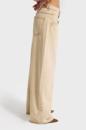 Kadın Bej Taş Renk 4w5-142 Low Rise Palazzo Fit %100 Koton Denim Jean