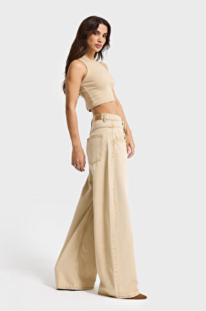 Kadın Bej Taş Renk 4w5-142 Low Rise Palazzo Fit %100 Koton Denim Jean