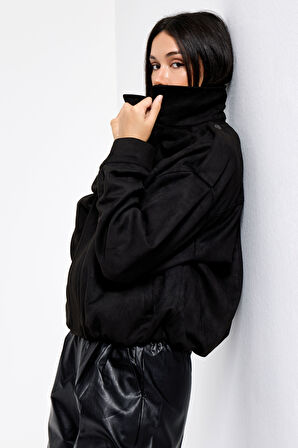 Kadın Siyah w5-1 Bomber Fit Bol Kesim Süet Kumaş Ceket