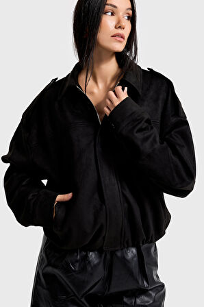 Kadın Siyah w5-1 Bomber Fit Bol Kesim Süet Kumaş Ceket