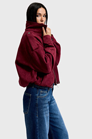 Kadın Bordo w5-35 Bomber Fit Bol Kesim Süet Kumaş Ceket