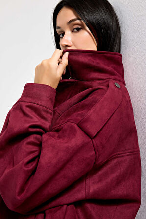 Kadın Bordo w5-35 Bomber Fit Bol Kesim Süet Kumaş Ceket