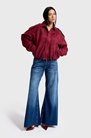 Kadın Bordo w5-35 Bomber Fit Bol Kesim Süet Kumaş Ceket