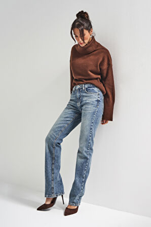 Kadın Kot Rengi 4w5-32 Düşük Bel Straight Fit %100 Koton Denim Jean