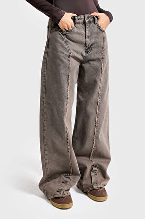 Kadın Koyu Kahve Kot 3w5-70 Süper Baggy Fit Paça Detaylı Özel Tasarım Denim Jean