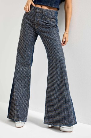 Kadın T.Kot Rengi T-1w5-7 Flare Fit Önü Parlak Taşlı Özel Tasarım Denim Jean