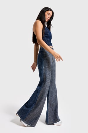 Kadın T.Kot Rengi T-1w5-7 Flare Fit Önü Parlak Taşlı Özel Tasarım Denim Jean