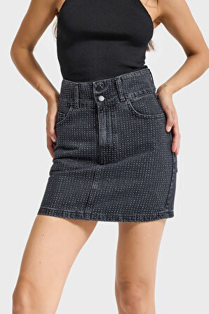 Kadın Koyu Füme Renk 1w5-1 Straight Fit Parlak Taşlı %100 Koton Tasarım Mini Denim Etek