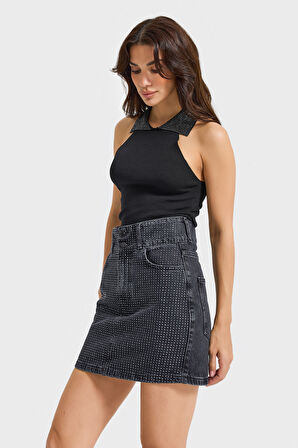 Kadın Koyu Füme Renk 1w5-1 Straight Fit Parlak Taşlı %100 Koton Tasarım Mini Denim Etek