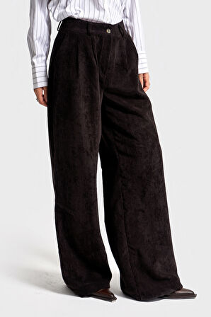 Kadın Siyah Renk w5-1 Süper Palazzo Fit Pileli Kalın Fitilli Velvet Kadife Kumaş Pantolon