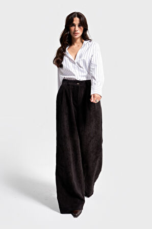 Kadın Siyah Renk w5-1 Süper Palazzo Fit Pileli Kalın Fitilli Velvet Kadife Kumaş Pantolon