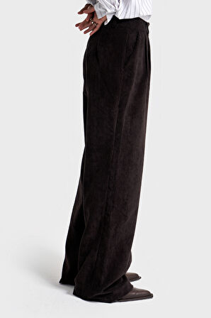 Kadın Siyah Renk w5-1 Süper Palazzo Fit Pileli Kalın Fitilli Velvet Kadife Kumaş Pantolon