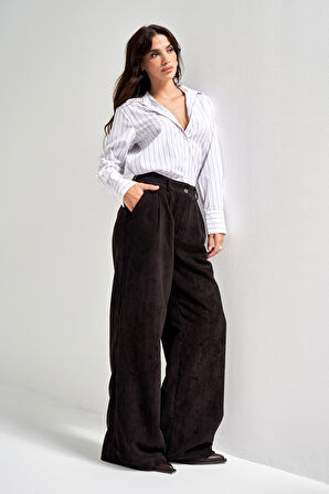 Kadın Siyah Renk w5-1 Süper Palazzo Fit Pileli Kalın Fitilli Velvet Kadife Kumaş Pantolon