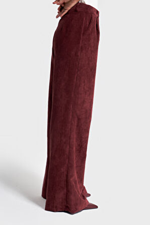 Kadın Bordo Renk w5-35 Süper Palazzo Fit Pileli Kalın Fitilli Velvet Kadife Kumaş Pantolon