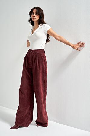 Kadın Bordo Renk w5-35 Süper Palazzo Fit Pileli Kalın Fitilli Velvet Kadife Kumaş Pantolon