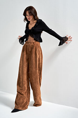 Kadın Latte Kahve w5-76 Süper Palazzo Fit Pileli Kalın Fitilli Velvet Kadife Kumaş Pantolon