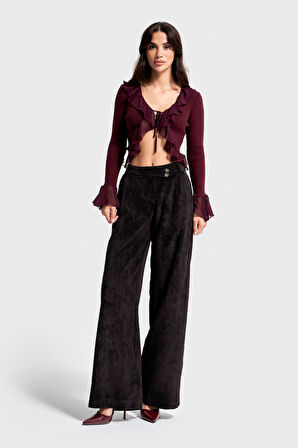 Kadın Siyah Renk w5-1 Palazzo Fit Kemer Detaylı Kalın Fitilli Velvet Kadife Kumaş Pantolon