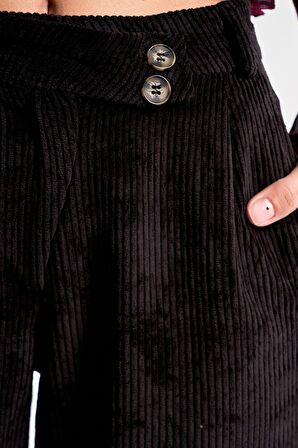 Kadın Siyah Renk w5-1 Palazzo Fit Kemer Detaylı Kalın Fitilli Velvet Kadife Kumaş Pantolon