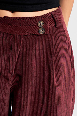 Kadın Bordo Renk w5-35 Palazzo Fit Kemer Detaylı Kalın Fitilli Velvet Kadife Kumaş Pantolon