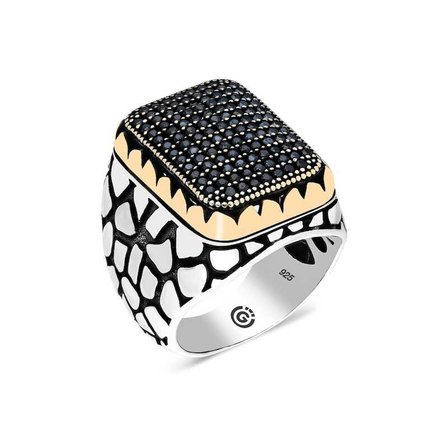 💎 Premium 925 Ayar Gümüş Siyah Zirkon Taşlı Kare Erkek Yüzük - 29 Ölçü