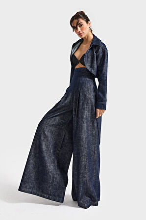 Kadın İndigo Renk 7w5-50 Süper Palazzo Fit Yüksek Bel Özel Tasarım Denim Jean